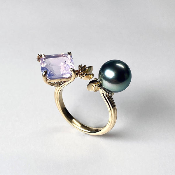 Lavender Quartz & Tahitian Pearl Open Ring