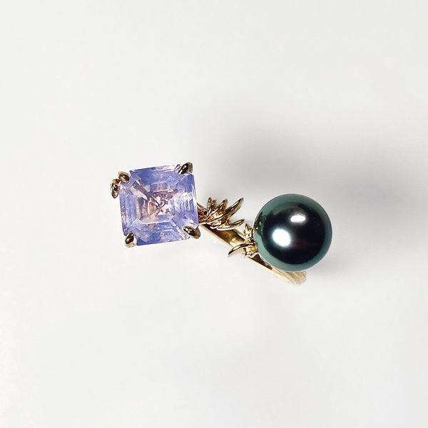 Lavender Quartz & Tahitian Pearl Open Ring