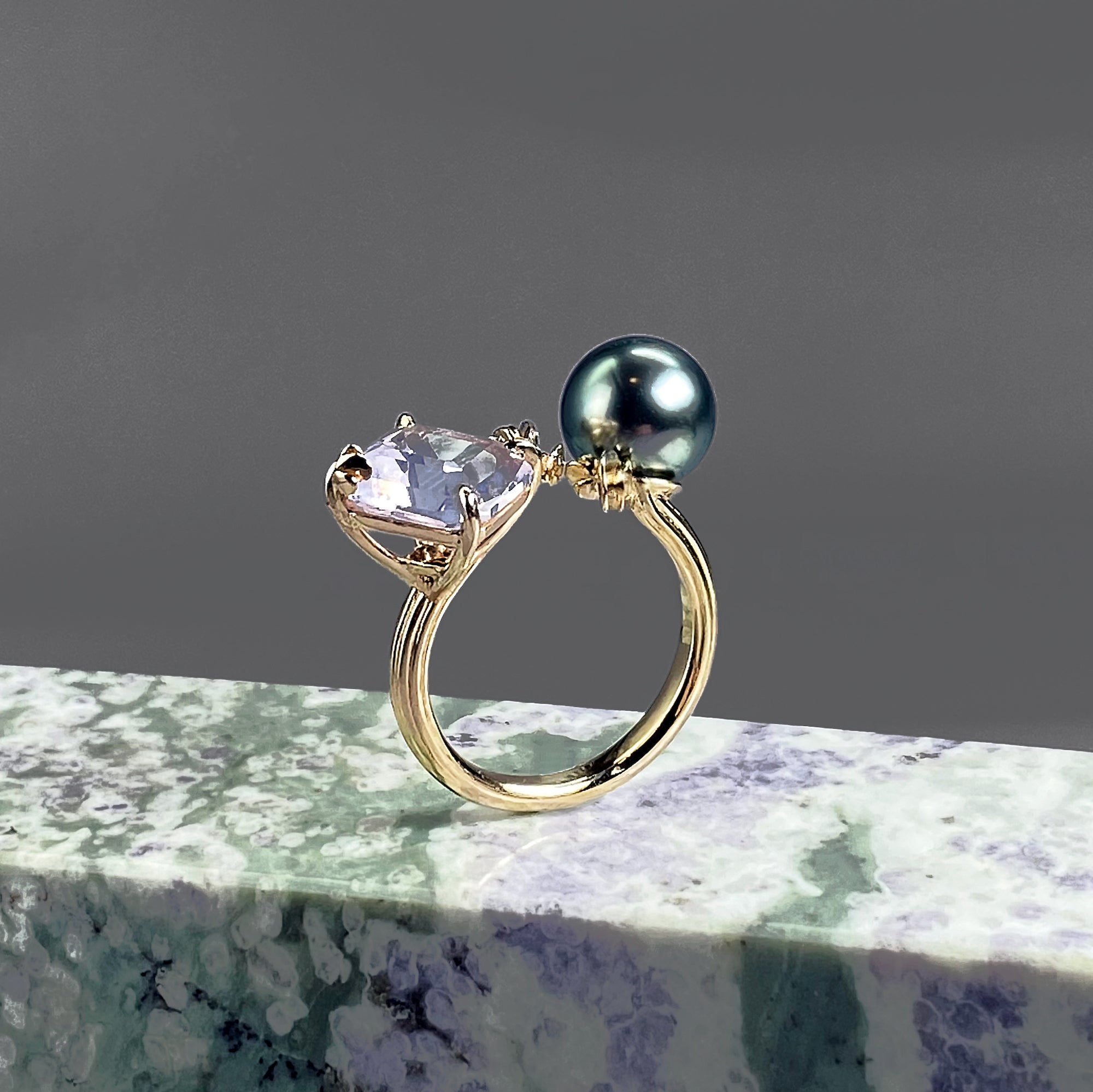 Lavender Quartz & Tahitian Pearl Open Ring