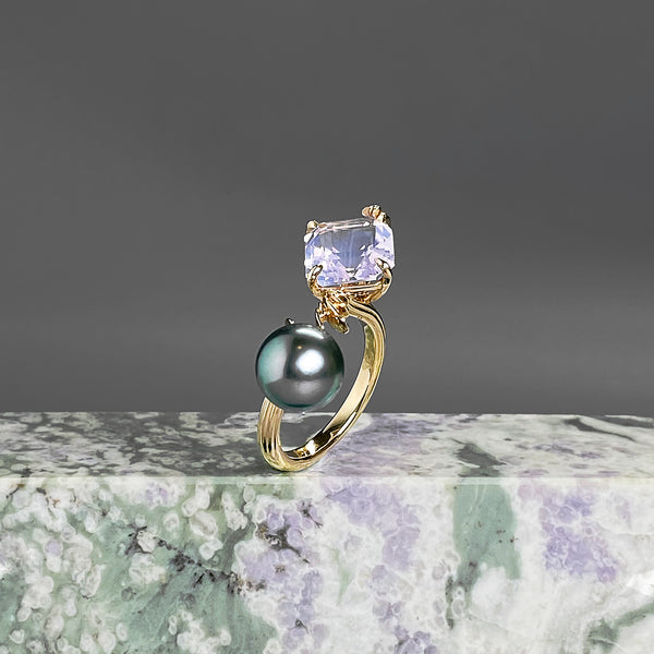 Lavender Quartz & Tahitian Pearl Open Ring